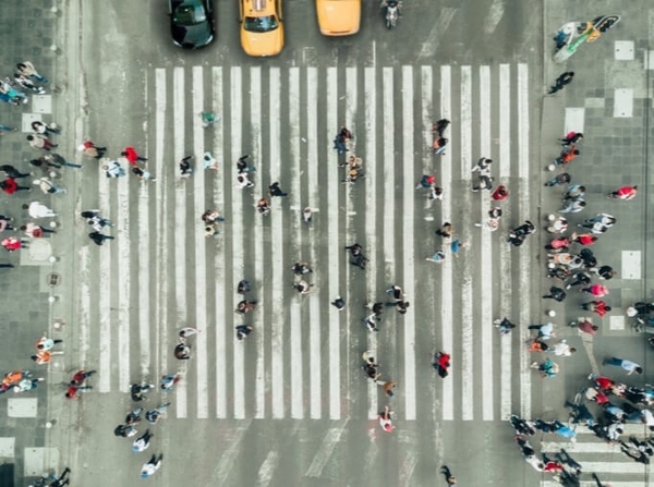 Aerial view of pedestrians at a crosswalk